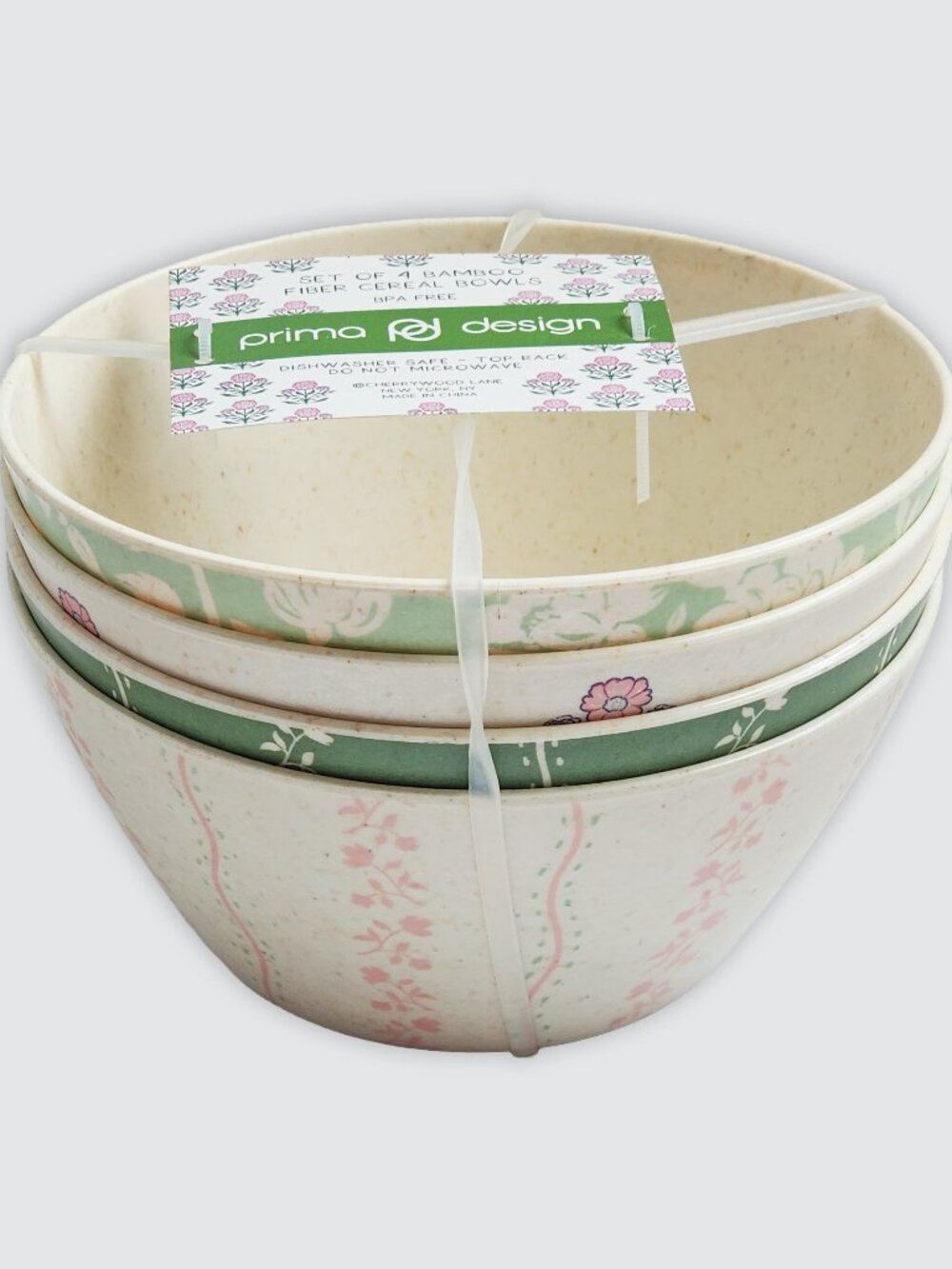 NWT Prima Design Bamboo Fiber Cereal Bowls Floral Green Pink 4 Eco Friendly